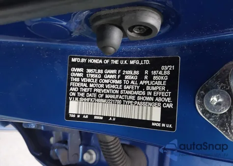 2021 Honda Civic Ex from USA, damaged, VIN SHHFK7H68MU221700